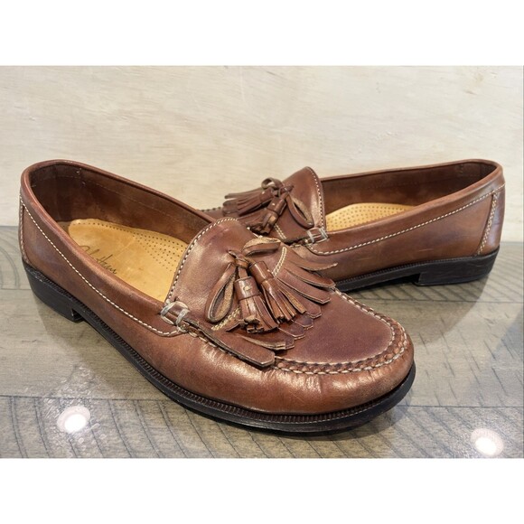 Cole Haan Brown Leather loafer Slip-On mens size 11 Tassel Fringe moc toe preppy - Picture 1 of 10